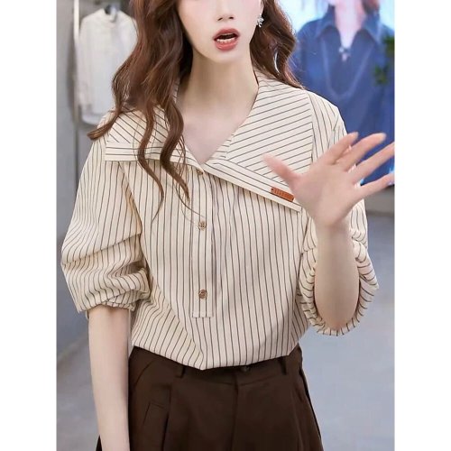 Atasan Kemeja Bergaya Kasual Kerah V-Neck Motif Bergaris Gaya Kekinian