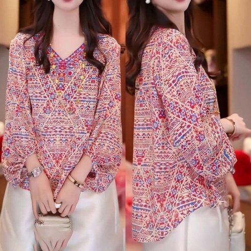 kemeja cetak temperamen gaya baru wanita atasan elegan