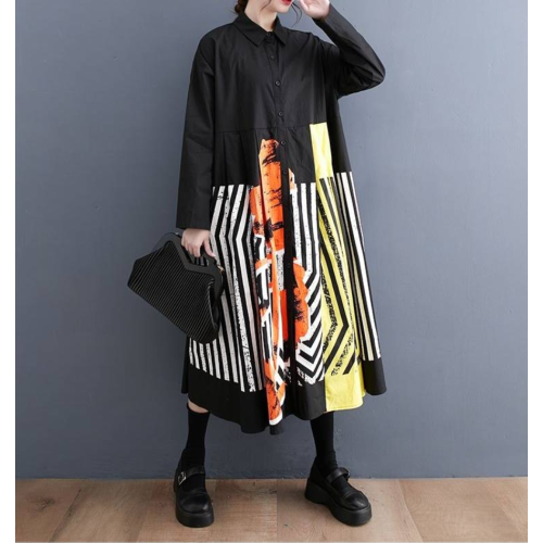 Gaun kemeja lengan panjang dengan gaya kekinian dan kancing aktif sebaris